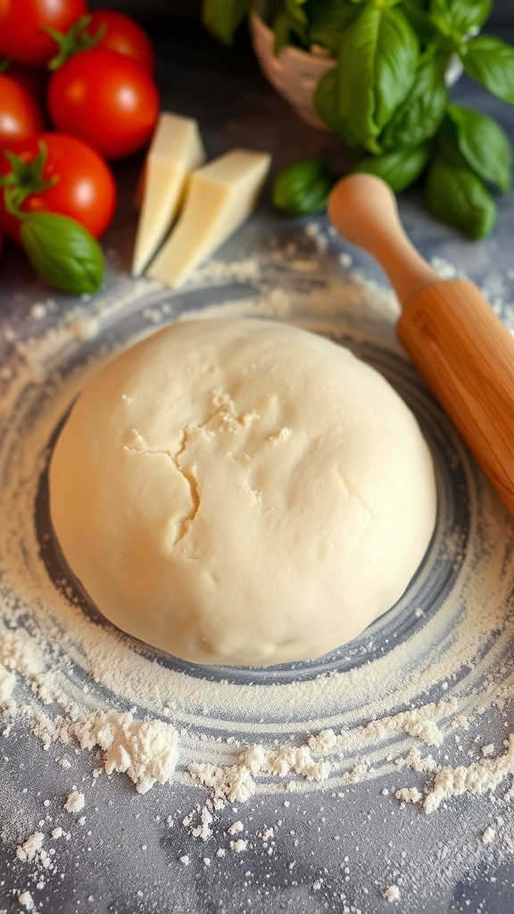 A ball of pizza dough on a floured surface with a rolling pin, surrounded by pizza ingredients.